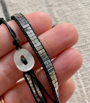 Silver and Black Beaded Hematite Wrap Bracelet
