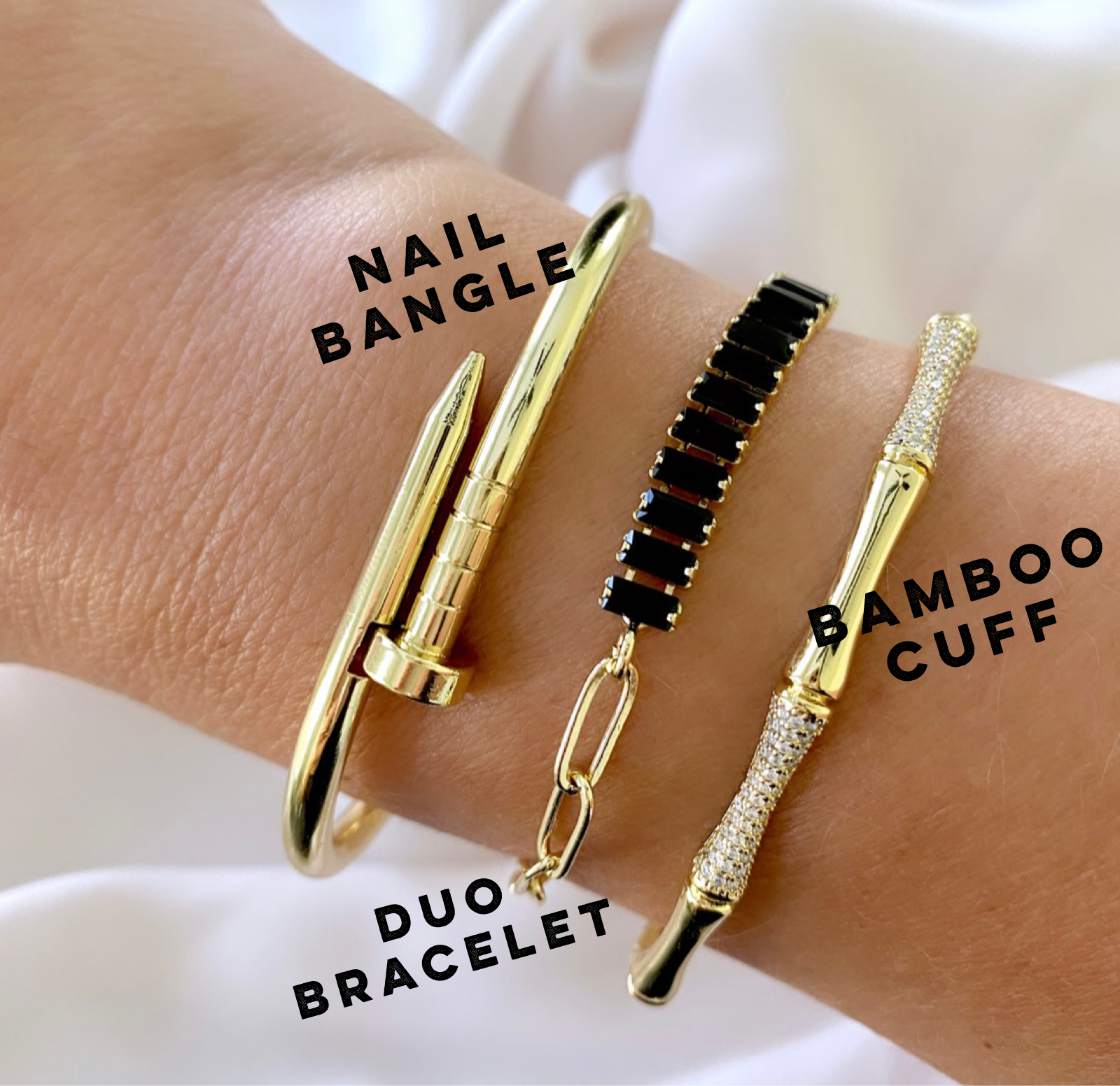 Choice of Gold Filled Bracelets - Nail Bangle Bracelet - Bamboo Micro Pave Cuff - Black Onyx Tennis Bracelet with Paperclip Chain - Bracelet Stacks