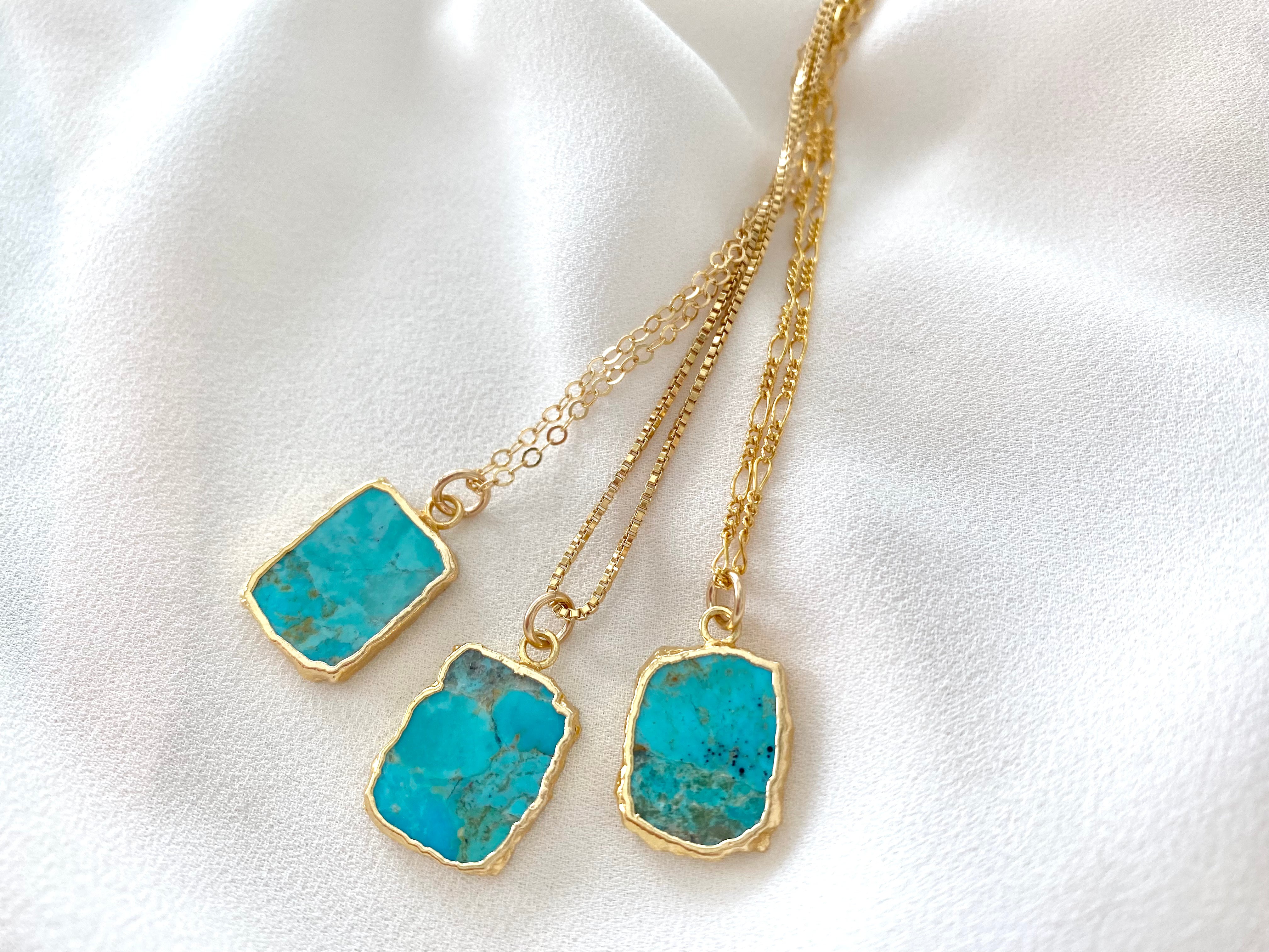 Rectangle Turquoise Pendant Necklace - Gold Filled Figaro Chain - Box Chain - December Birthstone
