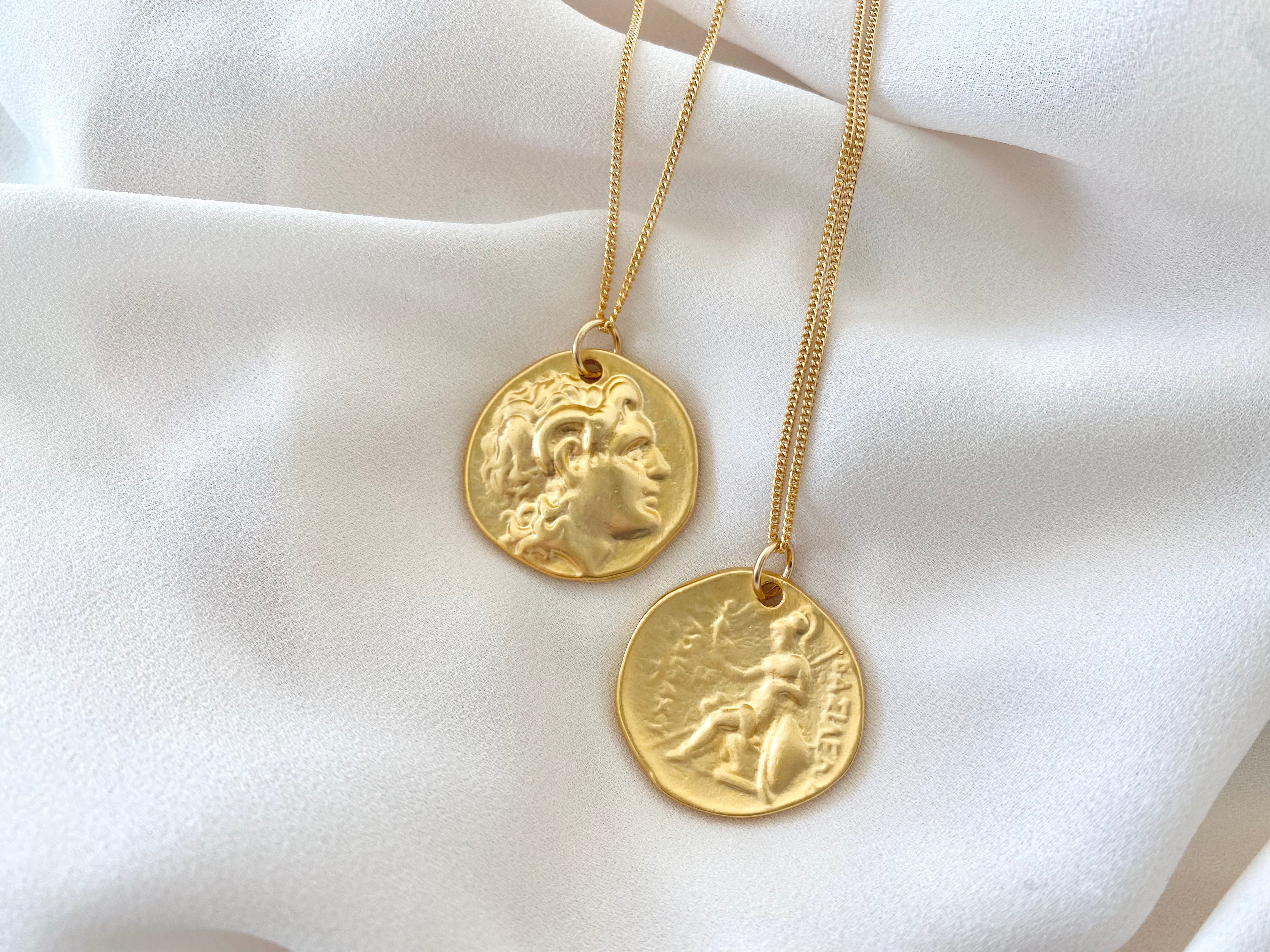 Matte Gold Roman Coin Necklace - Gold Filled Curb Chain