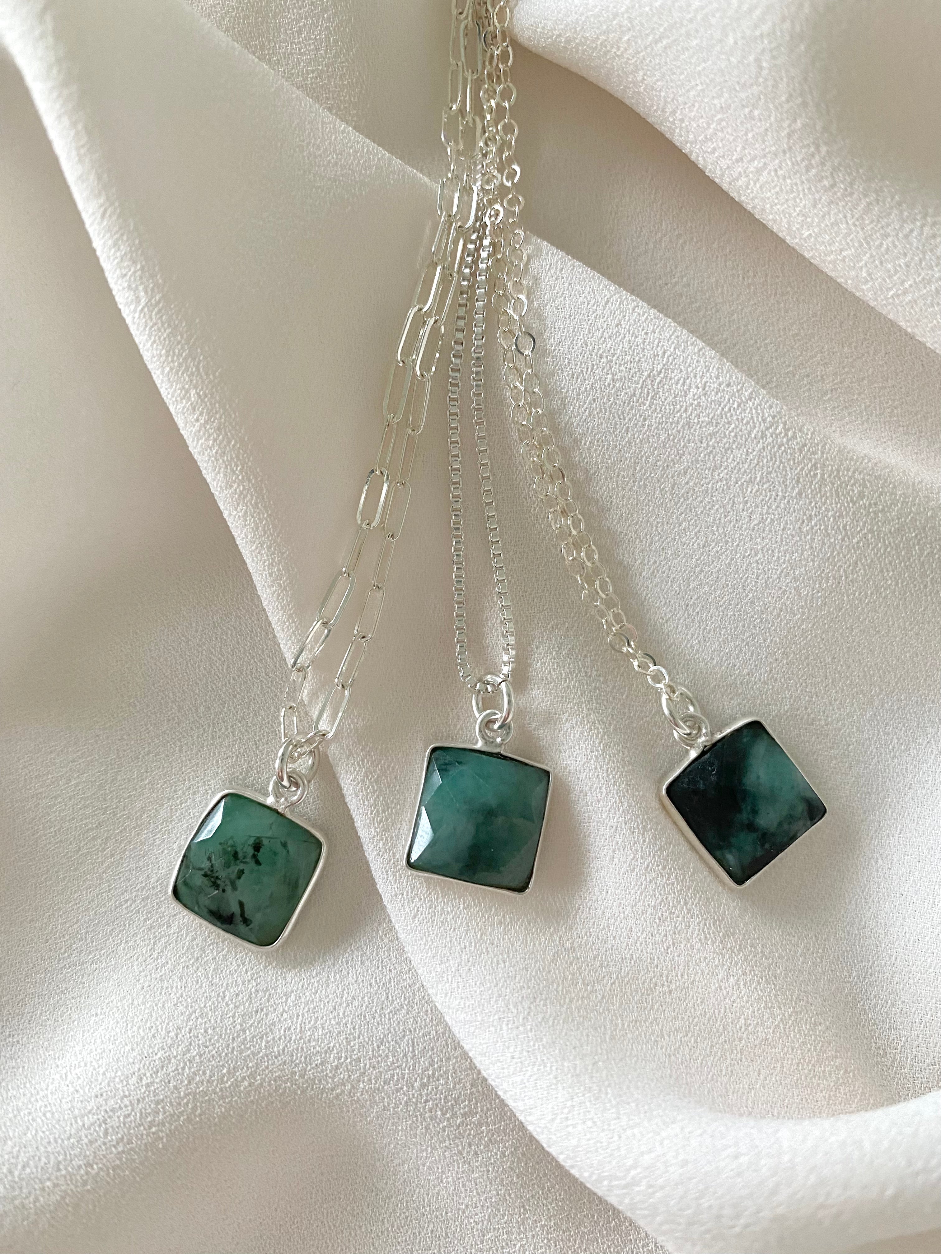 Faceted Square Emerald Pendant Necklace - Sterling Silver - May Birthstone Jewelry