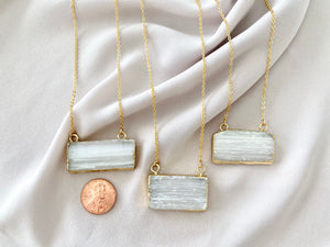 Chunky Selenite Rectangle Pendant Necklace - Gold Filled Chain