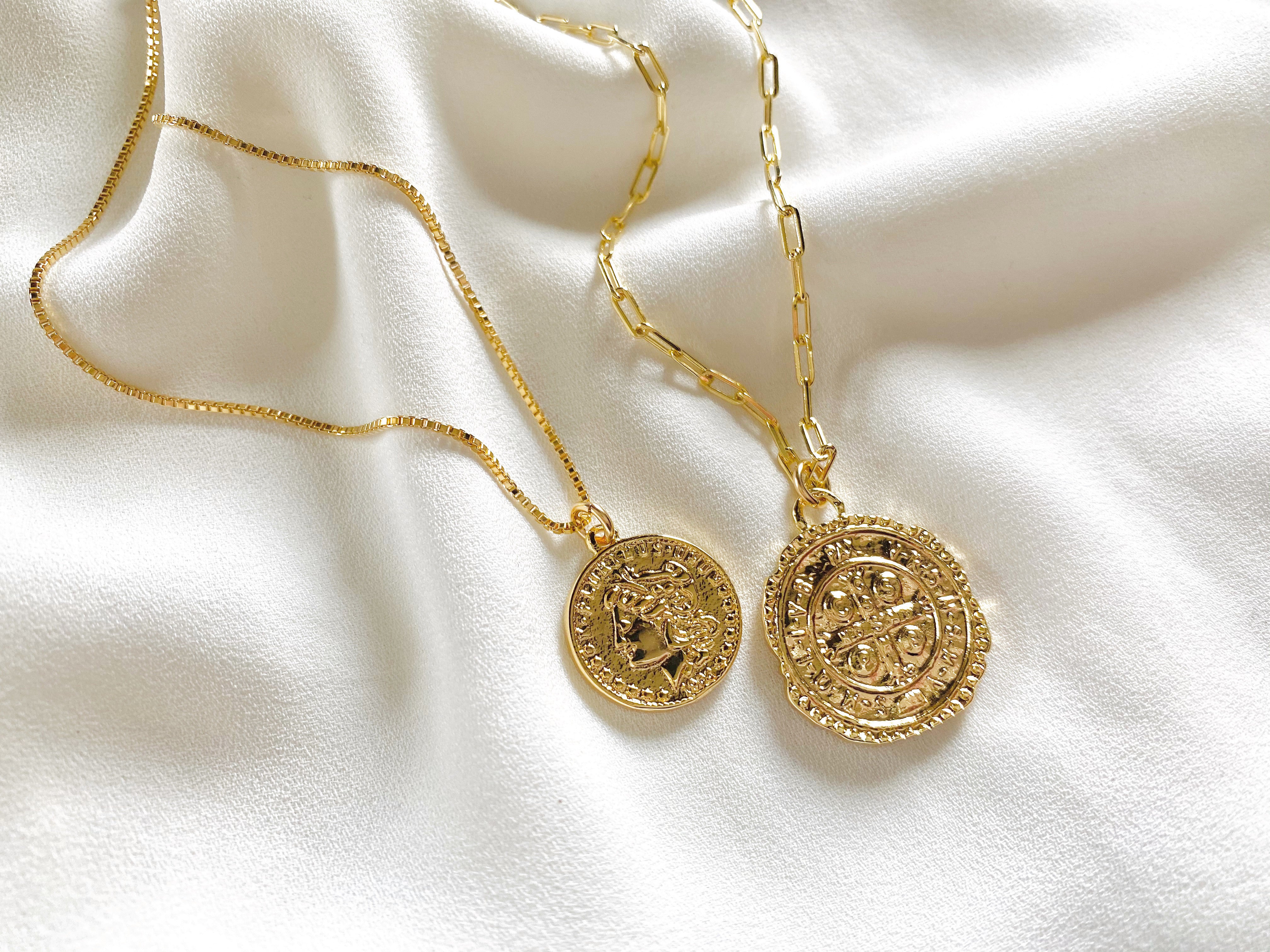 Gold Filled Medallion Necklaces - Athena - Cross Coin - Compass Necklace