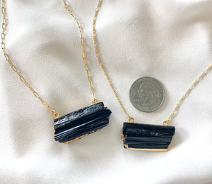 Chunky Black Tourmaline Pendant Necklace - Gold Chain