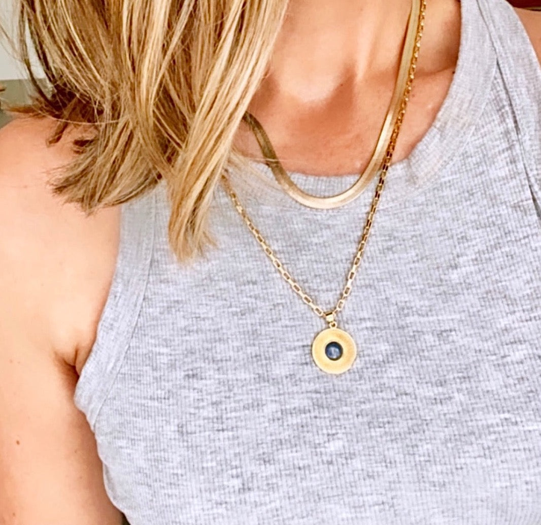 Vintage Style Blue Tiger's Eye Medallion Necklace - Gold Filled Chain - Thick Paperclip Chain