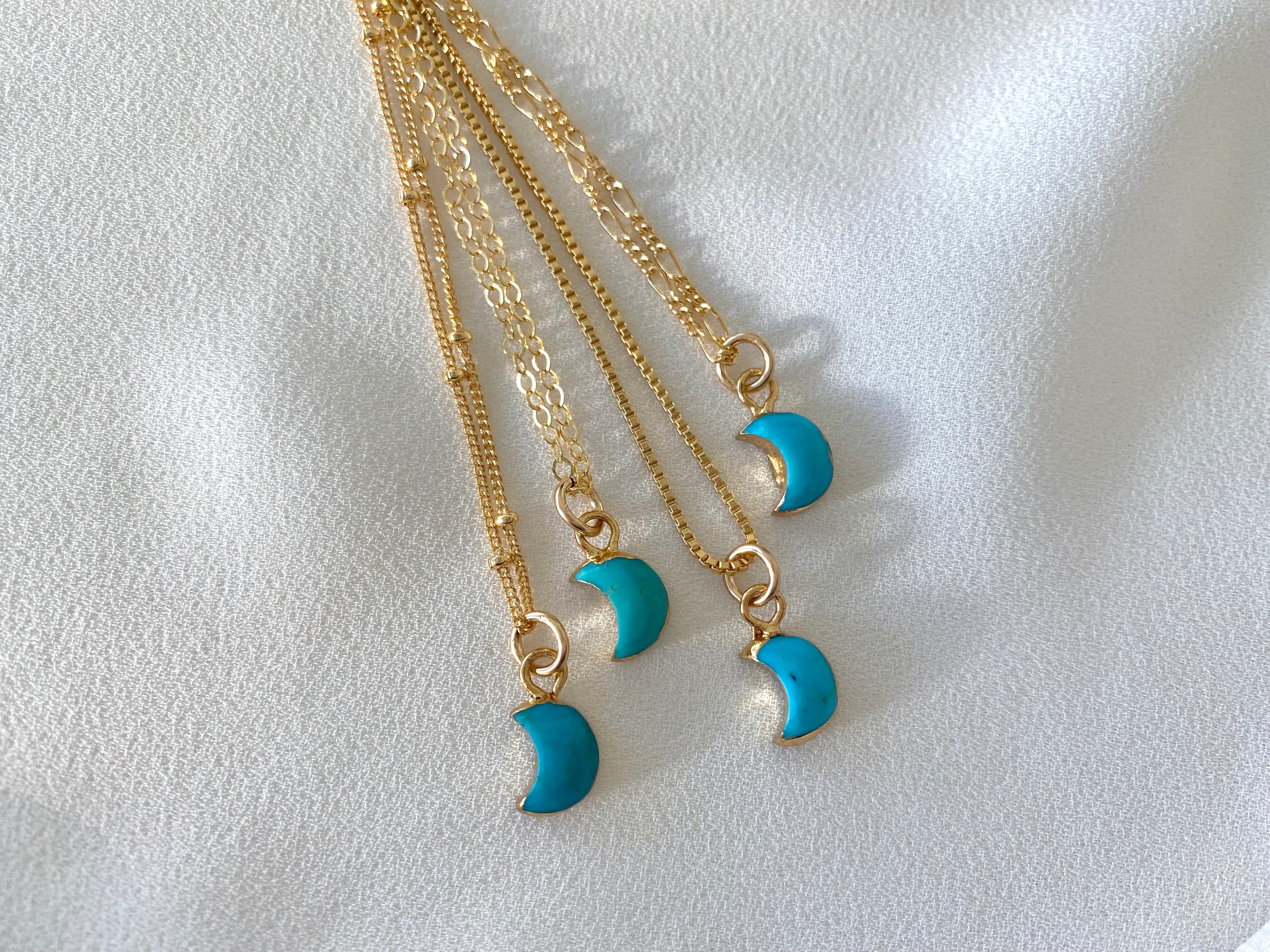 Tiny Raw Turquoise Crescent Moon Pendant Necklace - December Birthstone - Gold Chain