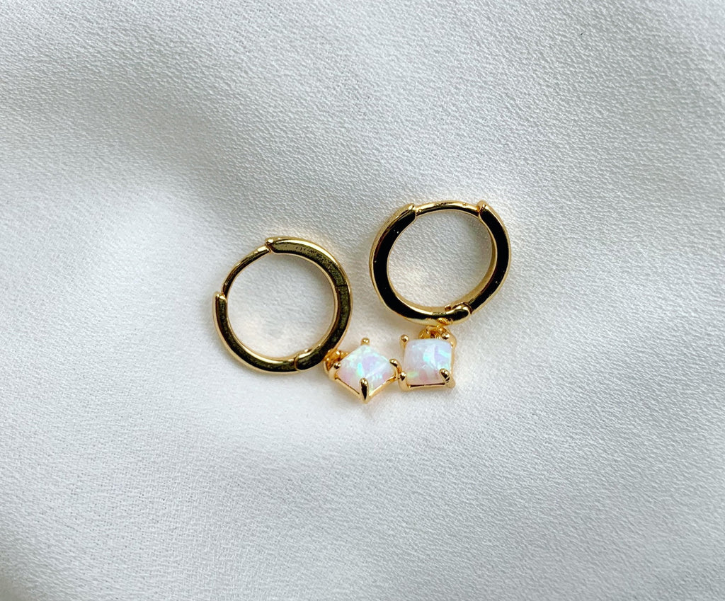 Tiny Opal Huggie Hoop Earrings Gold Filled