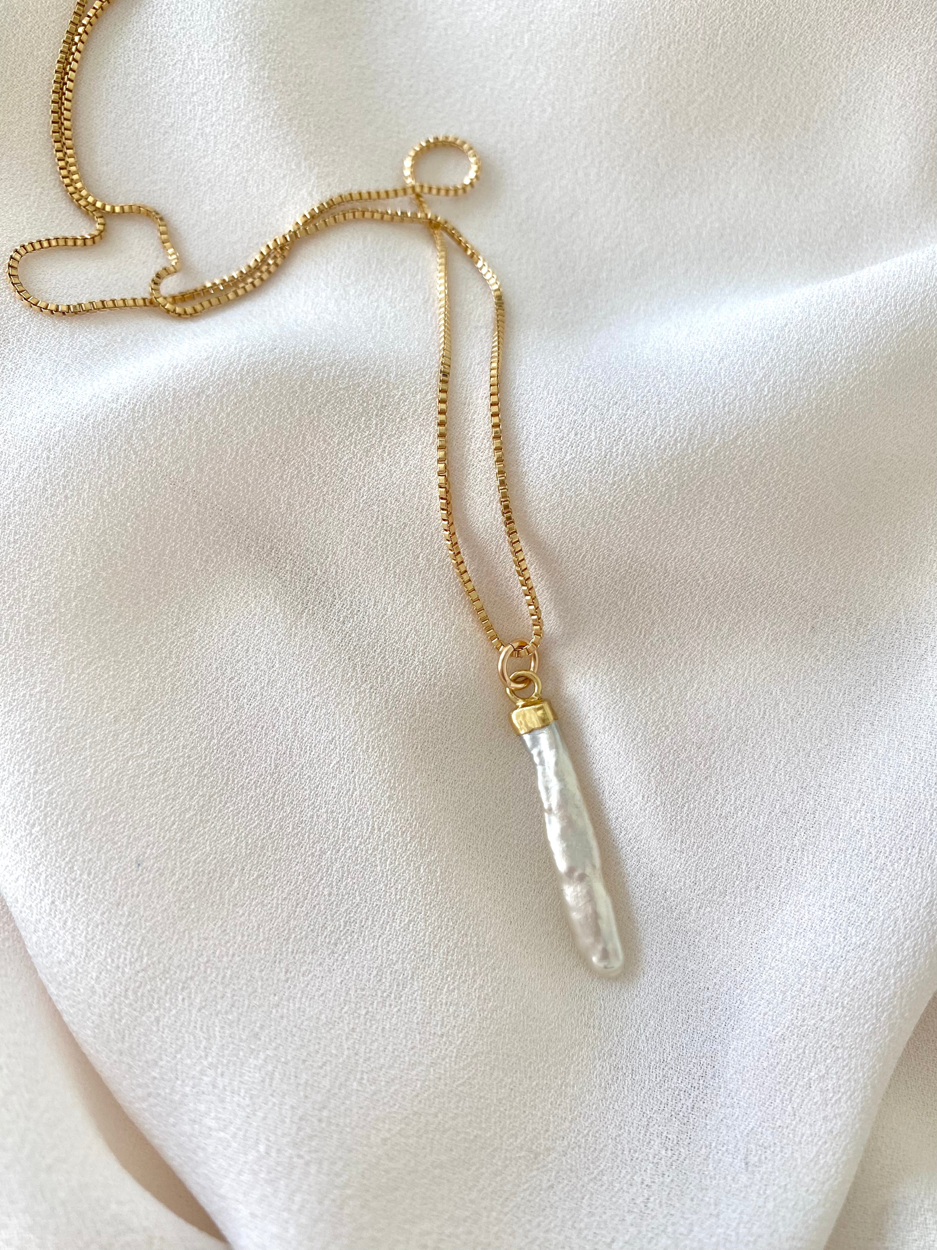 Biwa Stick Pearl Pendant Necklace - Gold Filled Chain - June Birthstone