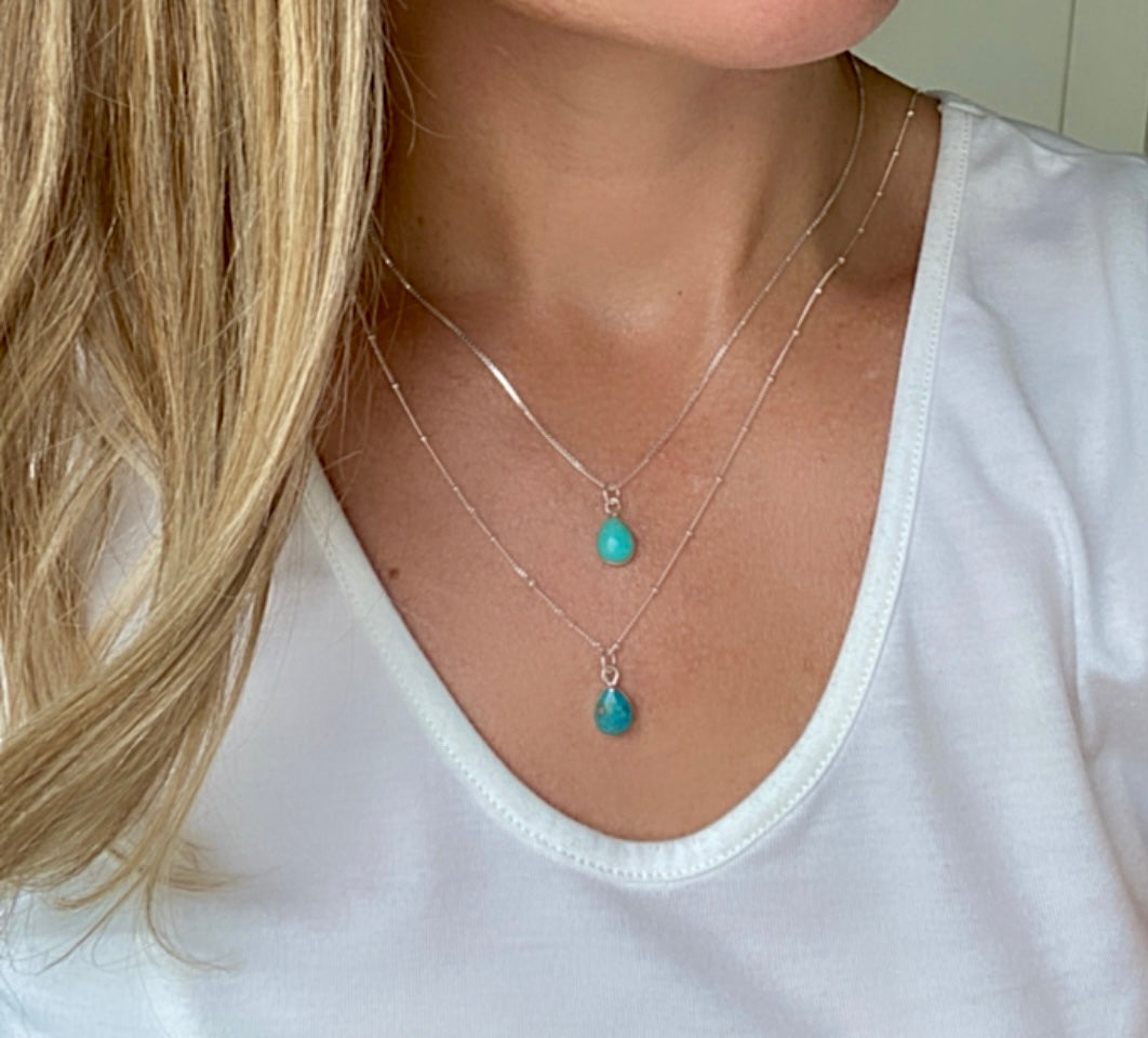 Raw Turquoise Teardrop Pendant Necklace - Silver