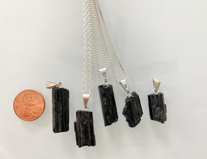Raw Black Tourmaline Pendant Necklace - Sterling Silver Chain