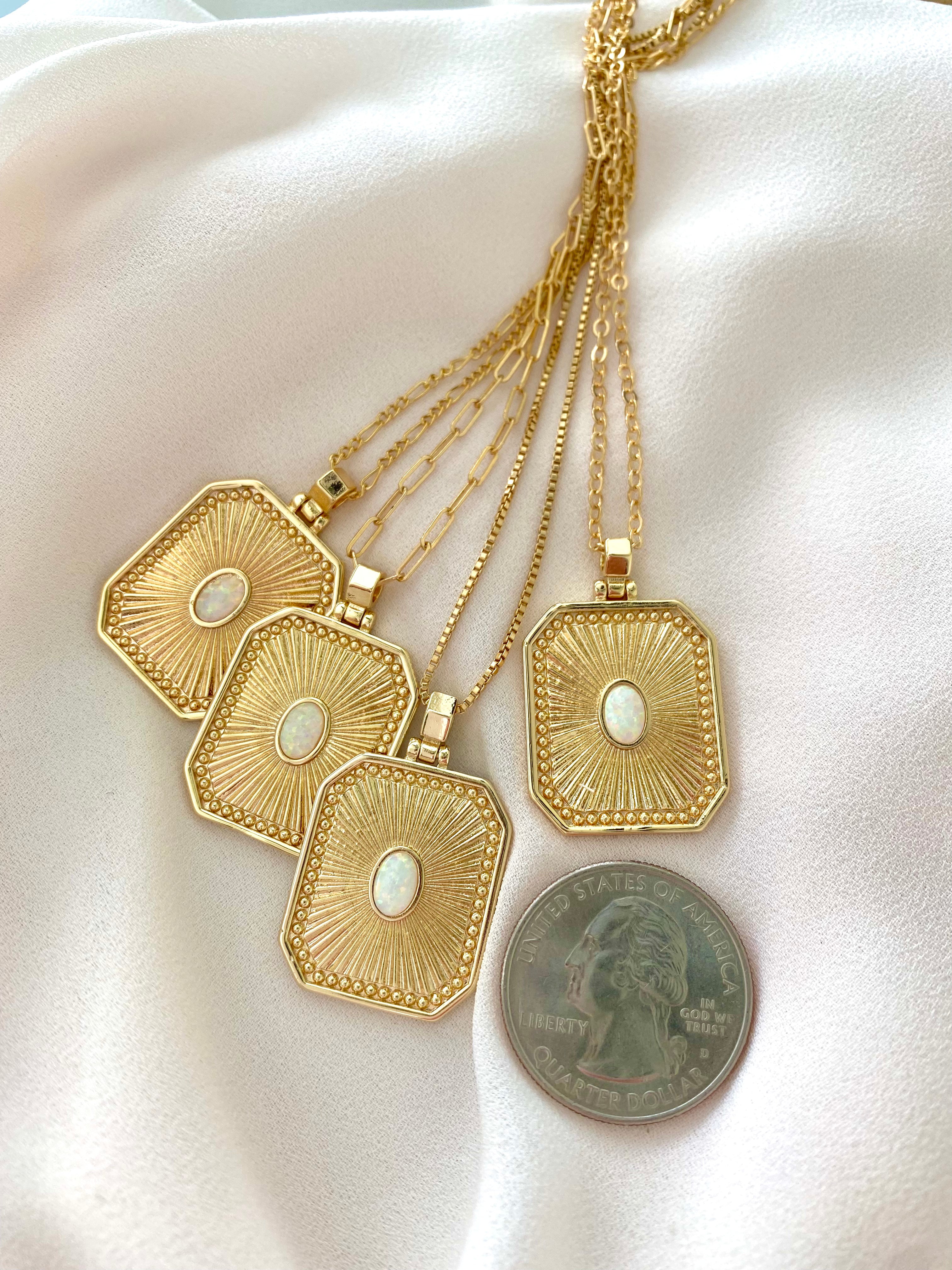 Large Opal Rectangle Medallion Necklace - Gold Filled Octagon Pendant - October Birthstone Jewelry
