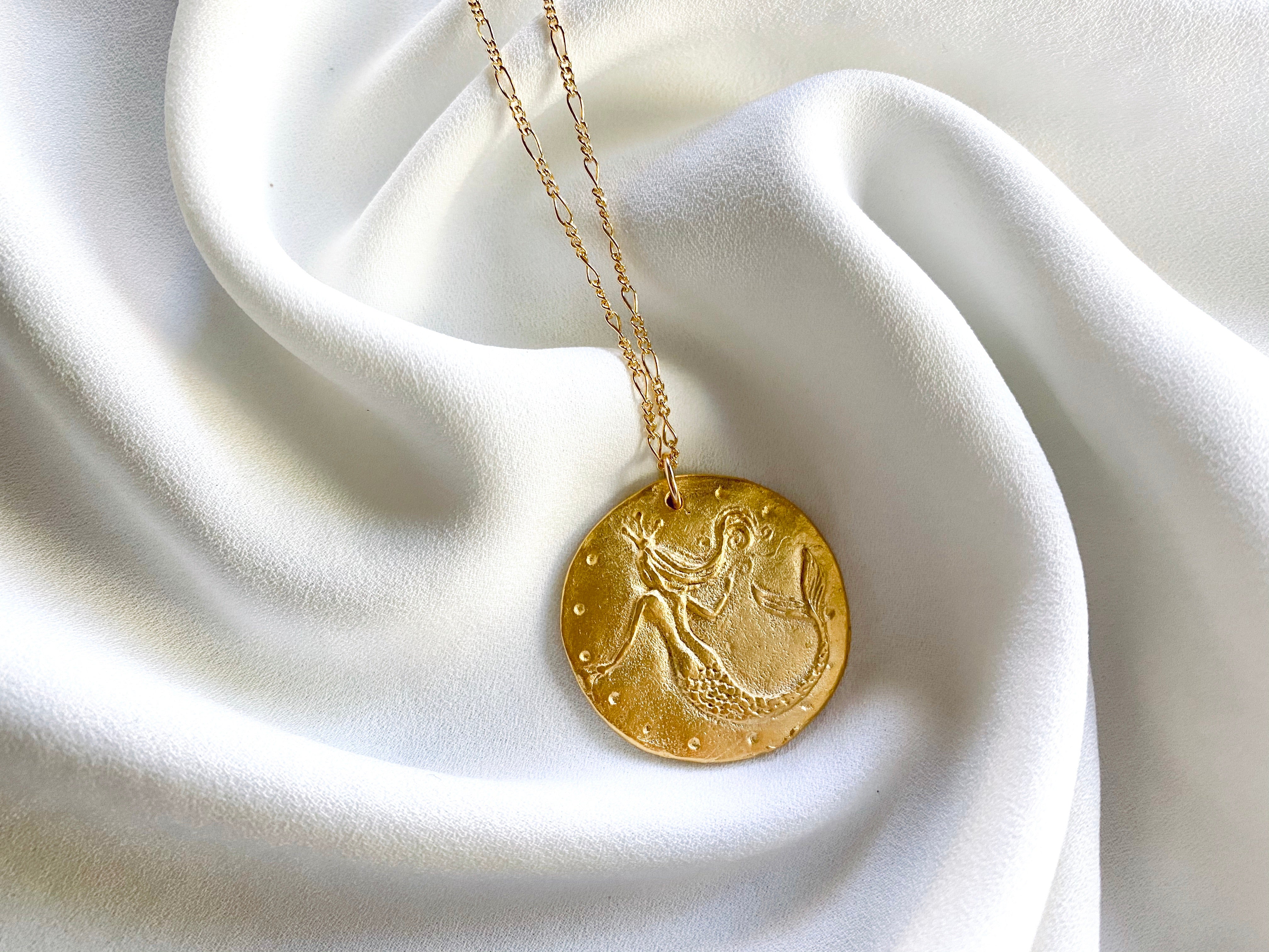 Large Gold Mermaid Medallion Necklace