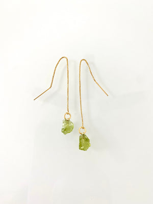 Raw Peridot Threader Earrings - August Birthstone Gift