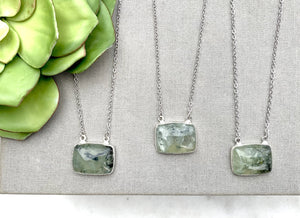 Prehnite Square Pendant Necklace - Silver