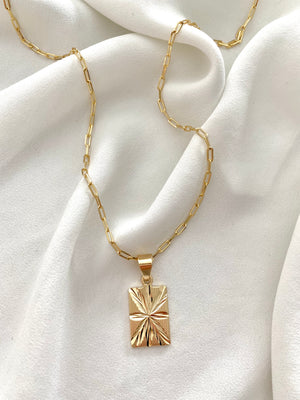 Gold Filled Etched Rectangle Medallion Necklace