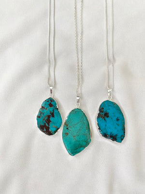 Raw Turquoise Pendant Necklace - Silver