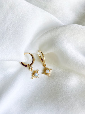 Dainty Opal Star Gemstone Huggie Earrings / Silver or Gold - October Birthstone
