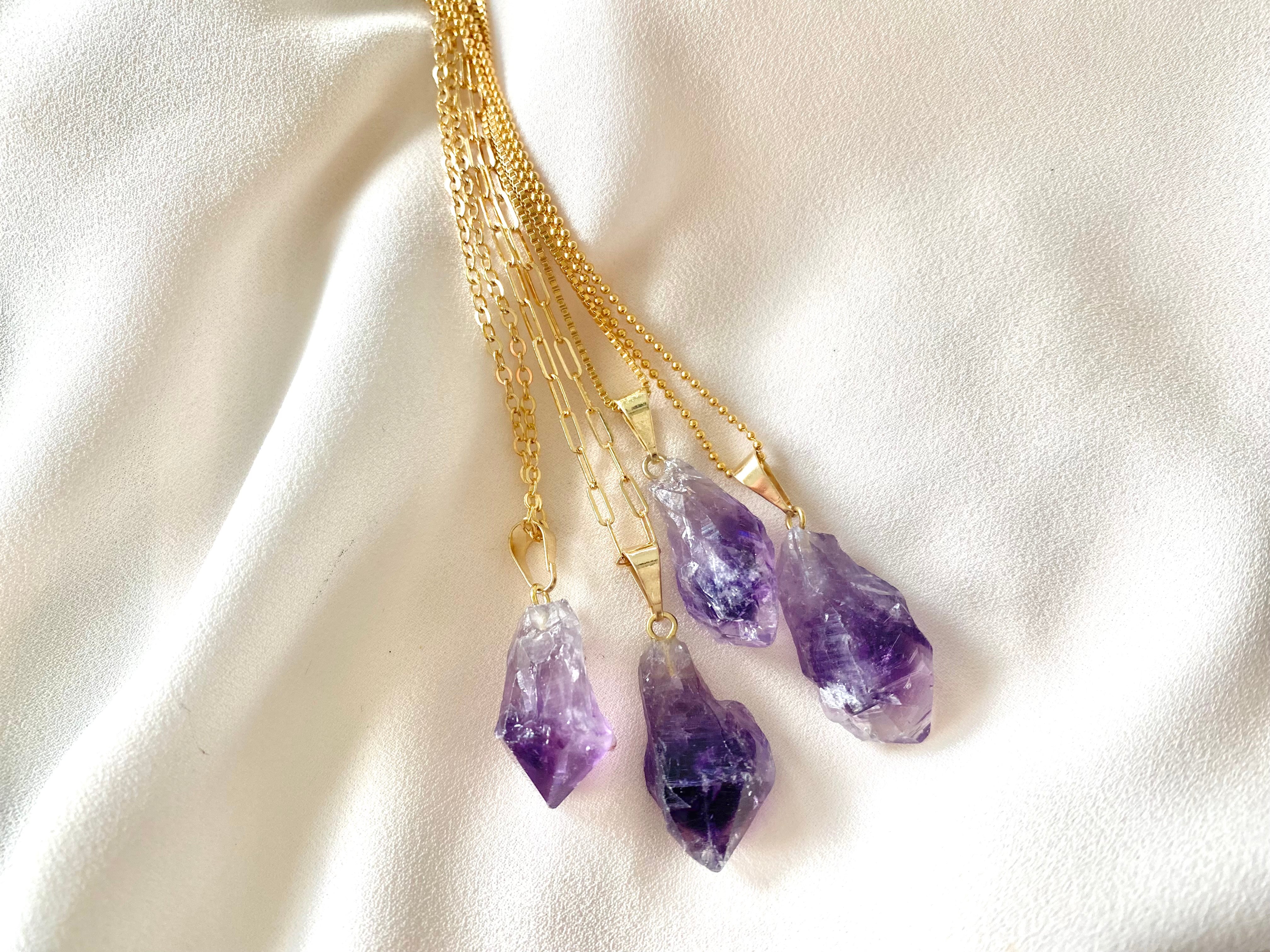 Raw Ombre Amethyst Pendant Necklace - February Birthstone - Gold