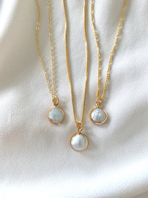 Dainty Small Pearl Coin Medallion Pendant Necklace - June Birthstone