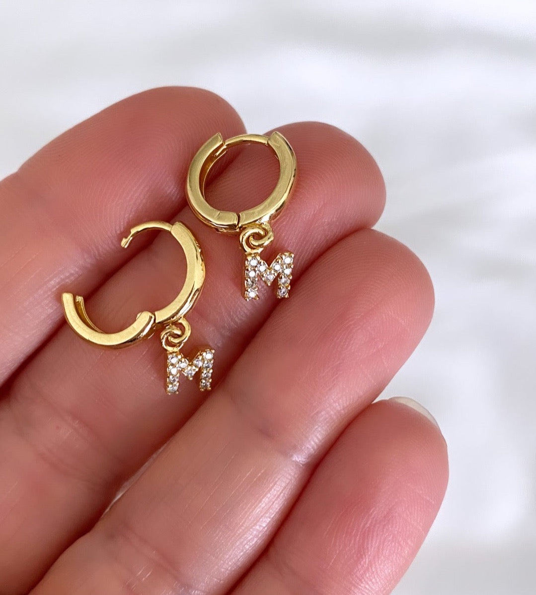 Dainty Gold Filled CZ Letter Huggie Hoop Earrings