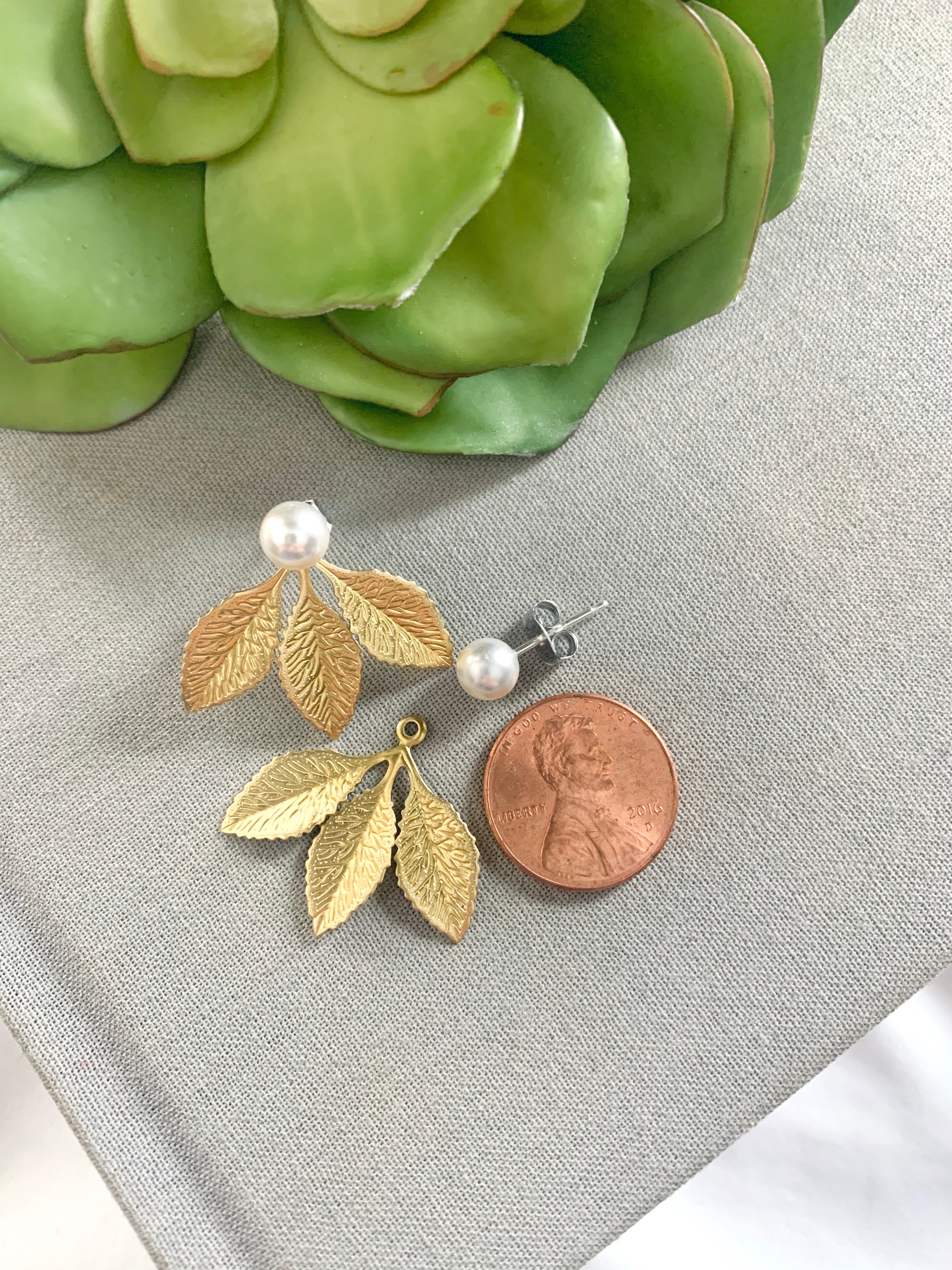 Leaf Earring Jackets with Pearl Studs - Boho Style Earrings