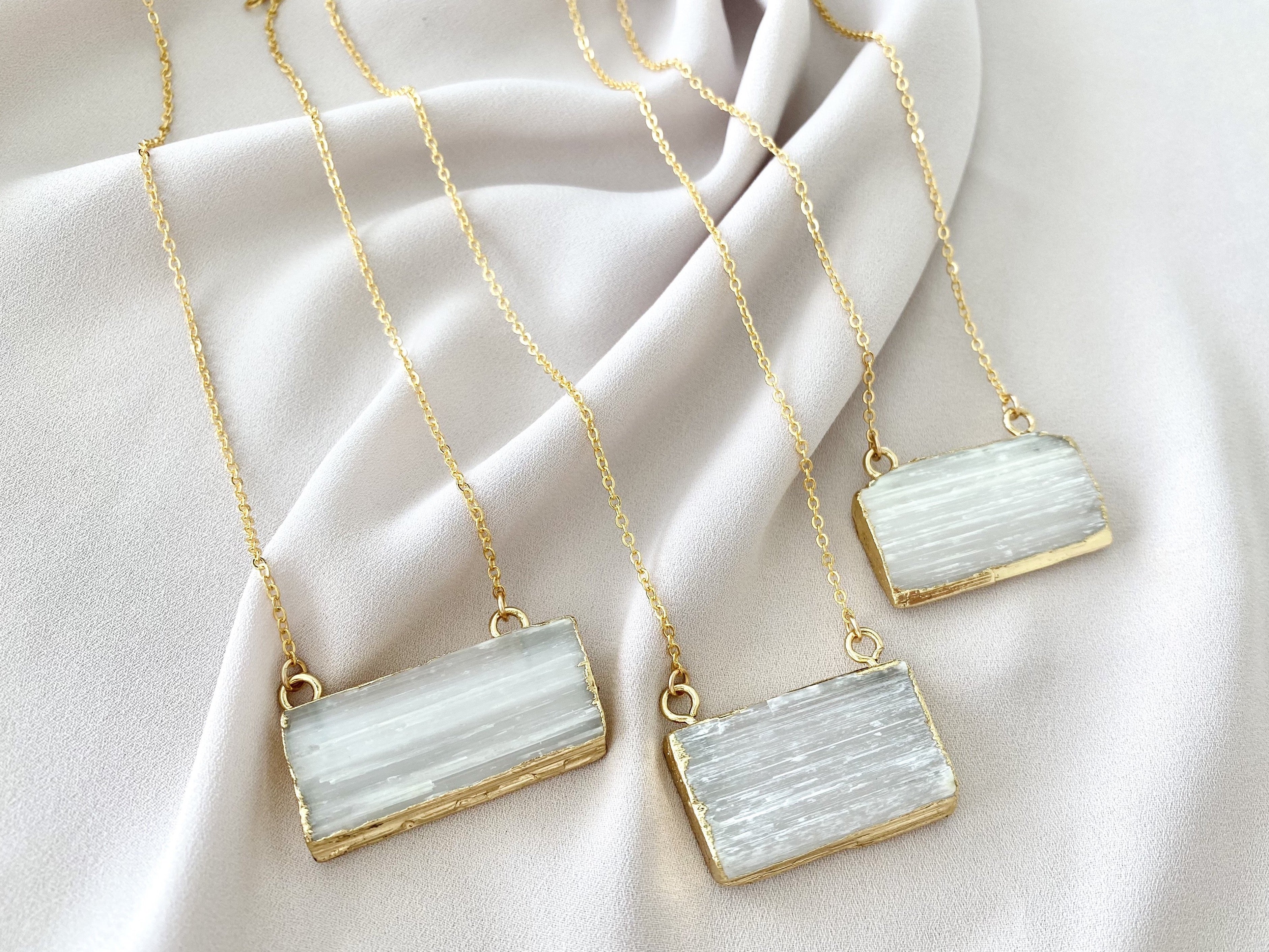 Chunky Selenite Rectangle Pendant Necklace - Gold Filled Chain