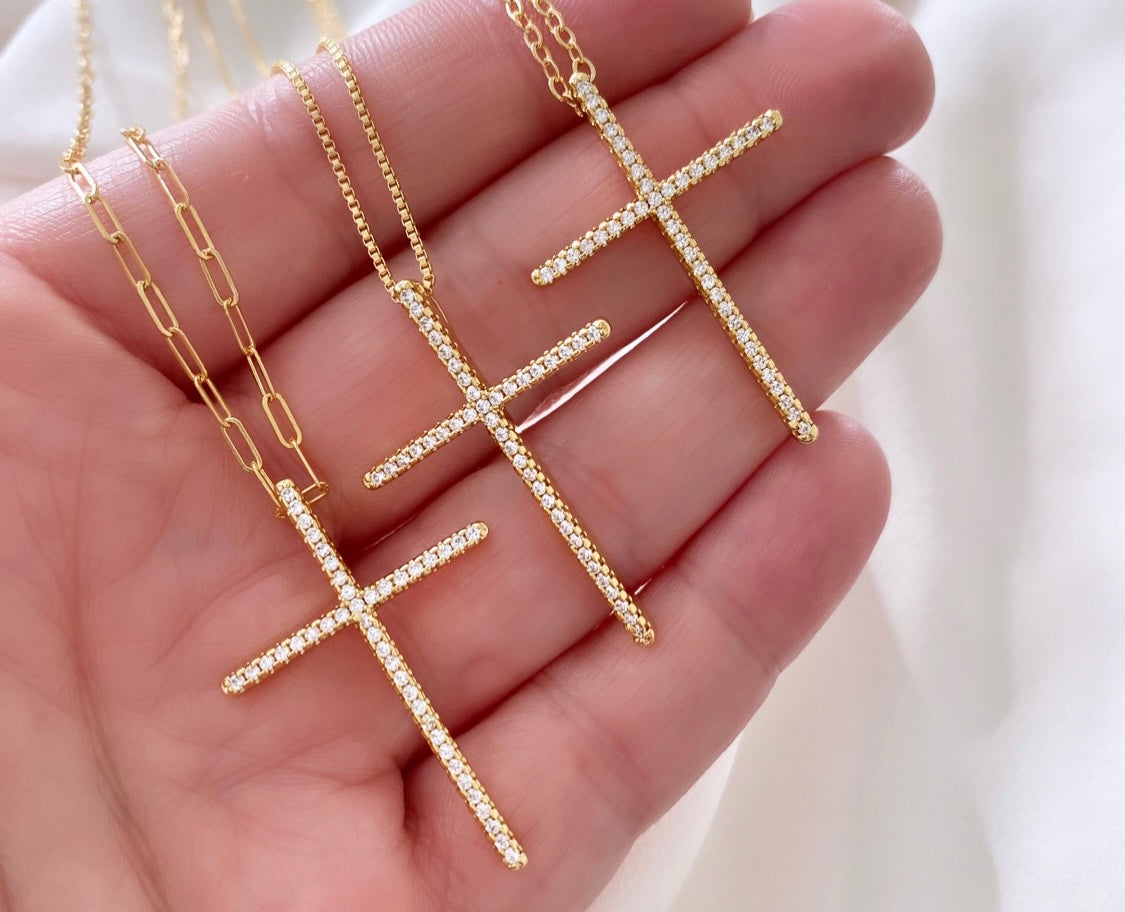 Large Pave Cross Pendant Necklace - Gold Filled Chain - CZ stones