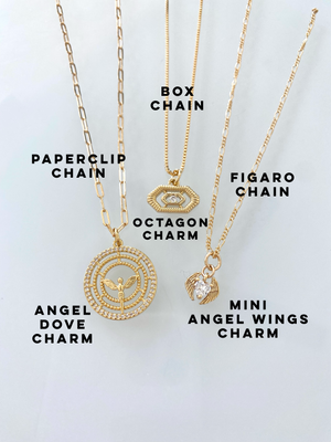 Gold Minimalist Pendant Necklaces - Mini Angels Wings - Angel Spirit Dove - Octagon Charm