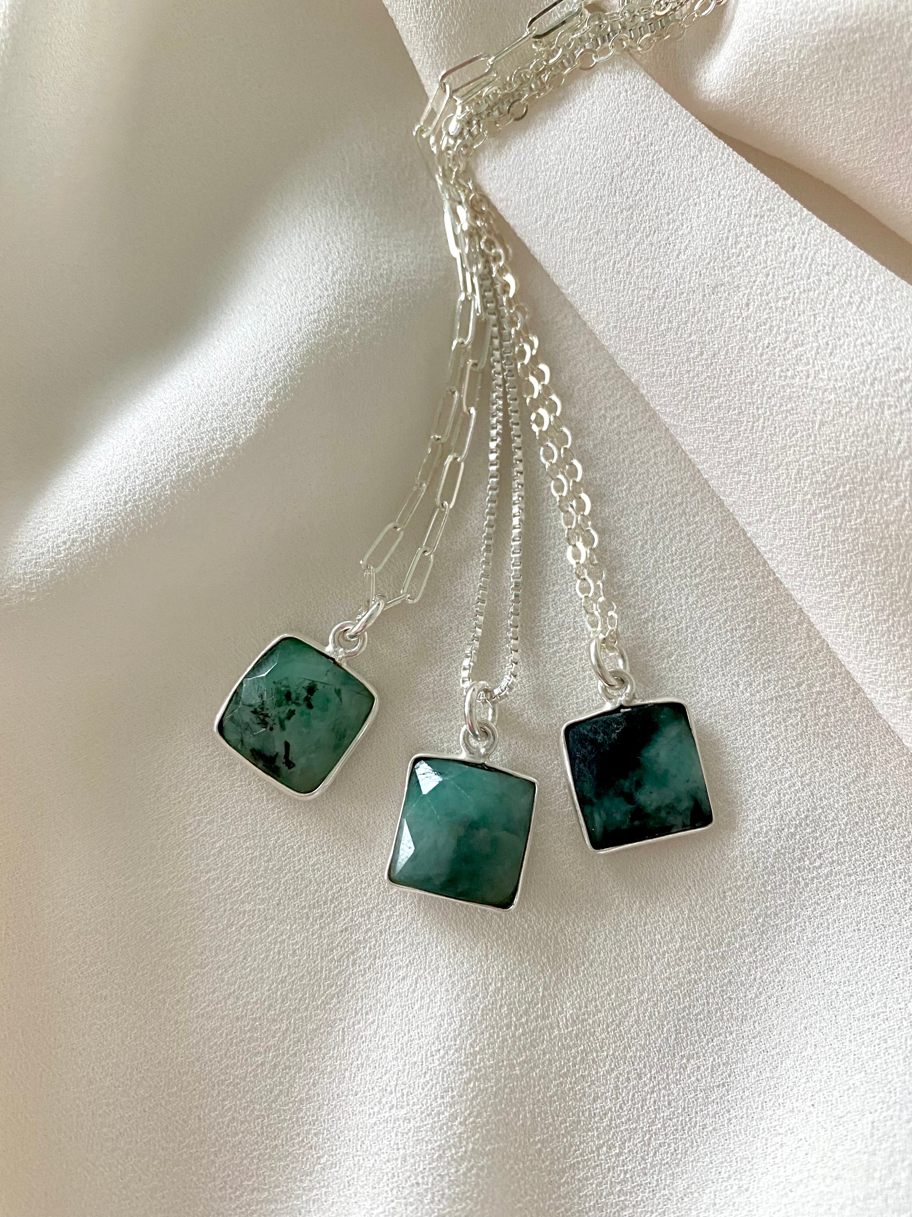 Faceted Square Emerald Pendant Necklace - Sterling Silver - May Birthstone Jewelry