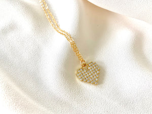 Gold Dainty Micro Pave Heart Pendant Necklace - Gold Filled Paperclip Chain - Pixel Heart