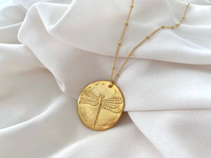 Large Gold Dragonfly Medallion Necklace