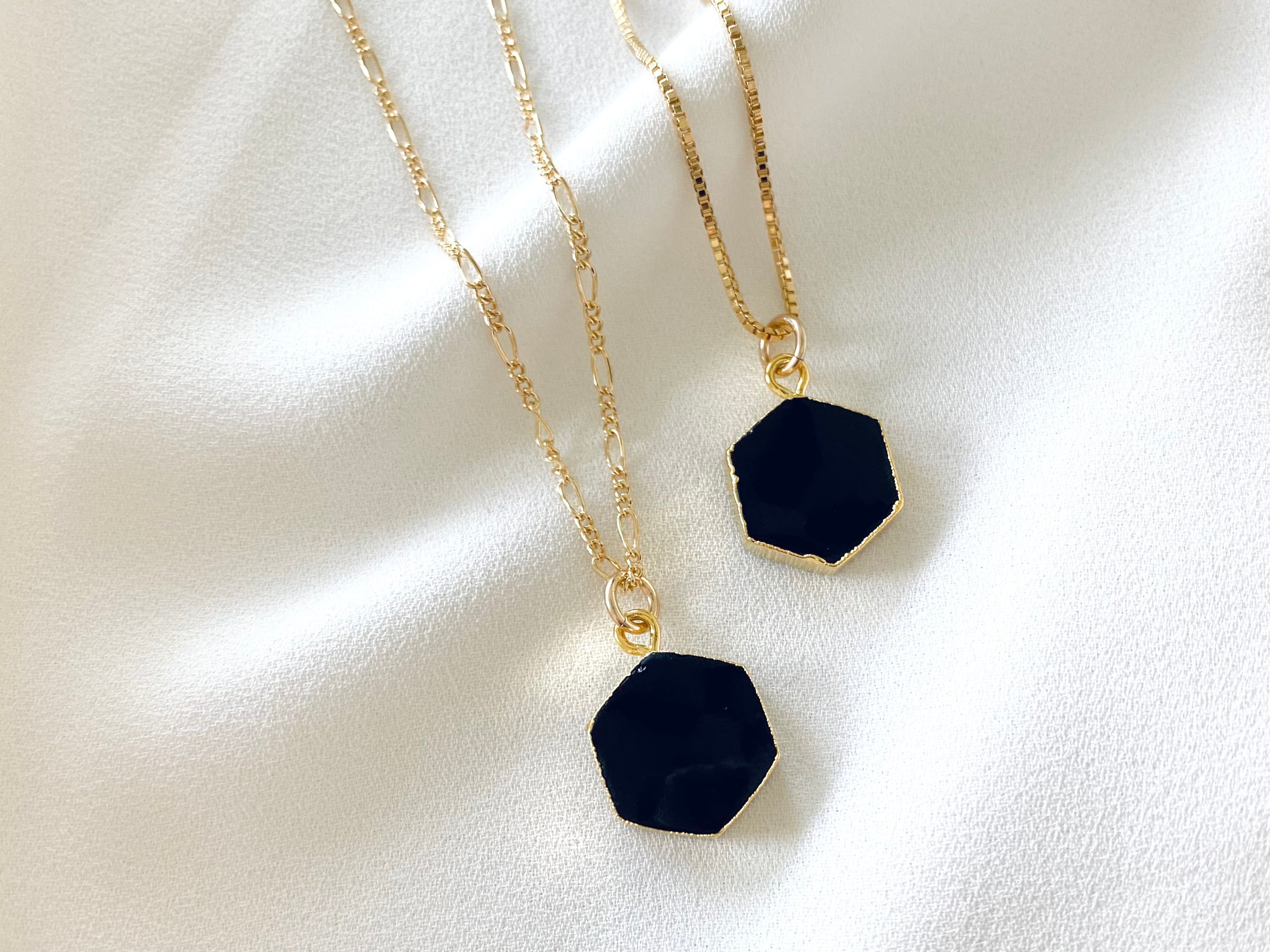 Black Onyx Hexagon Pendant Necklace - Gold Filled Chain