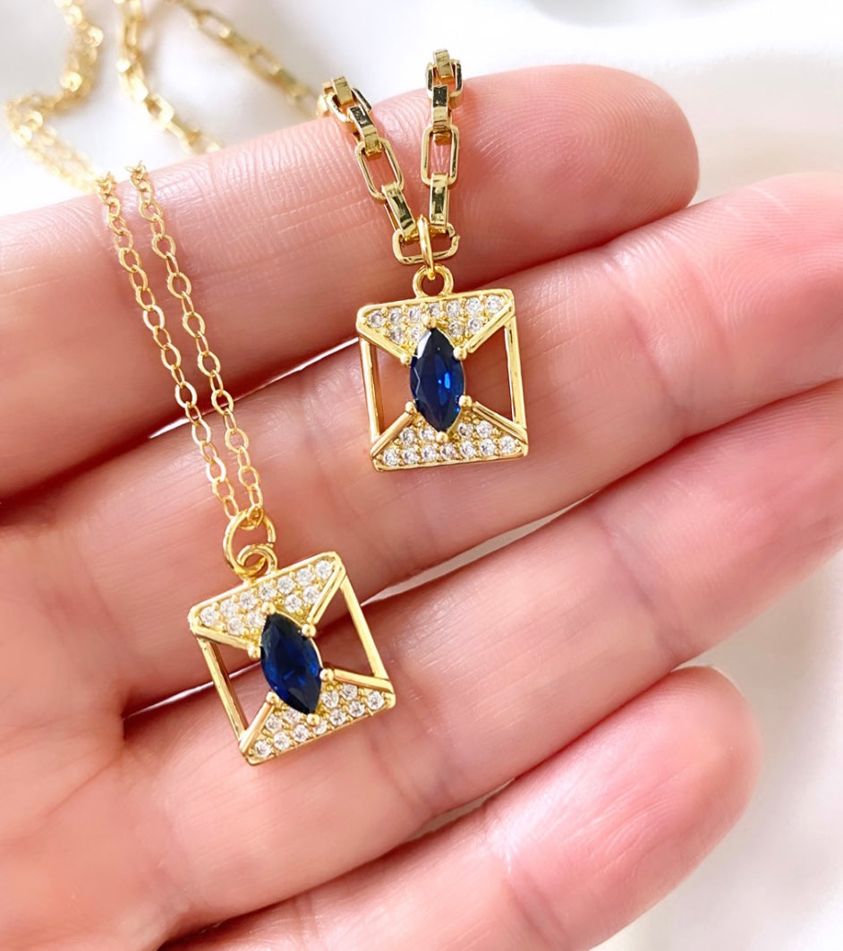 70's Style Sapphire Pendant Necklace - Gold Filled Chain - September Birthstone