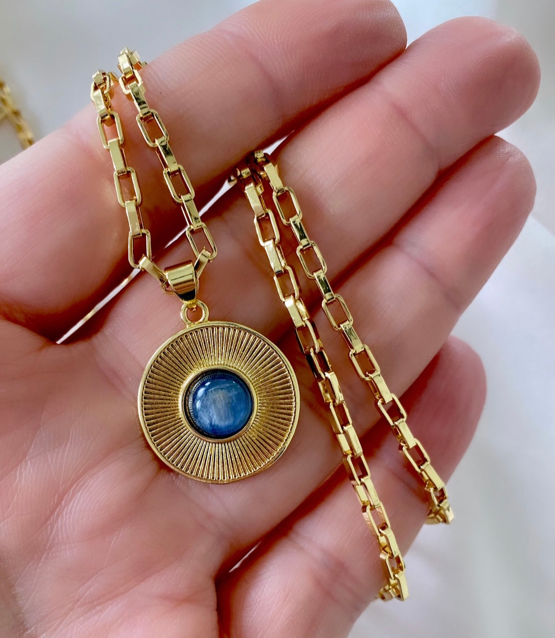 Vintage Style Blue Tiger's Eye Medallion Necklace - Gold Filled Chain - Thick Paperclip Chain