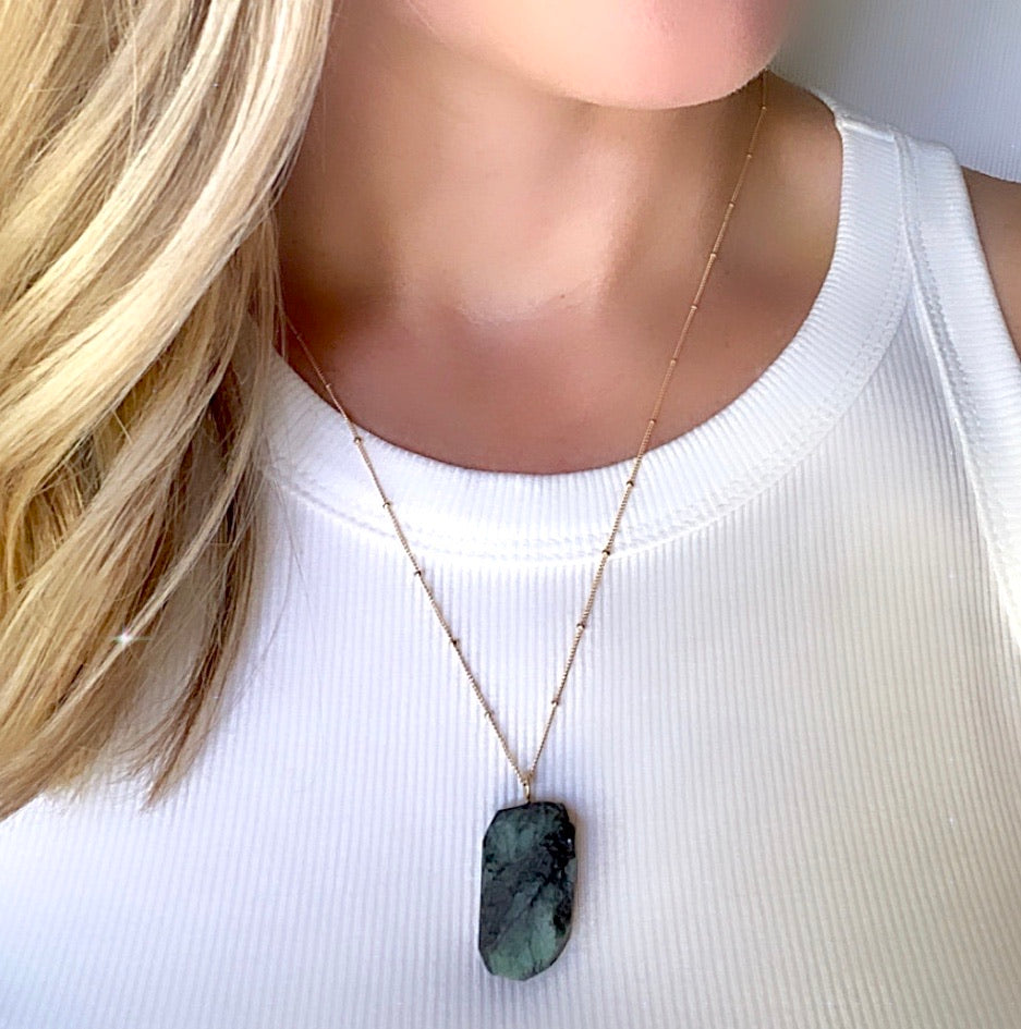 Chunky Raw Emerald Pendant Necklace - May Birthstone