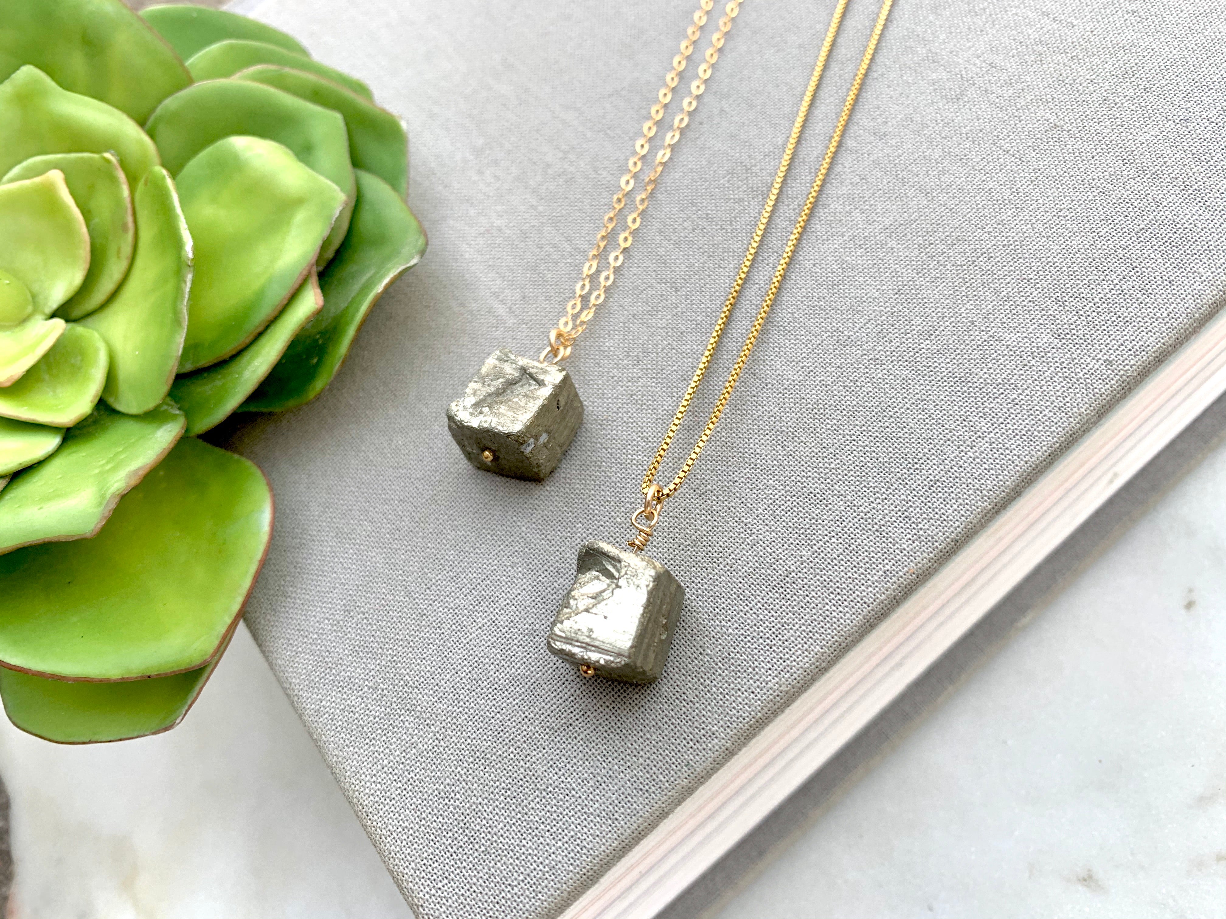 Raw Pyrite Cube Pendant Necklace - Gold