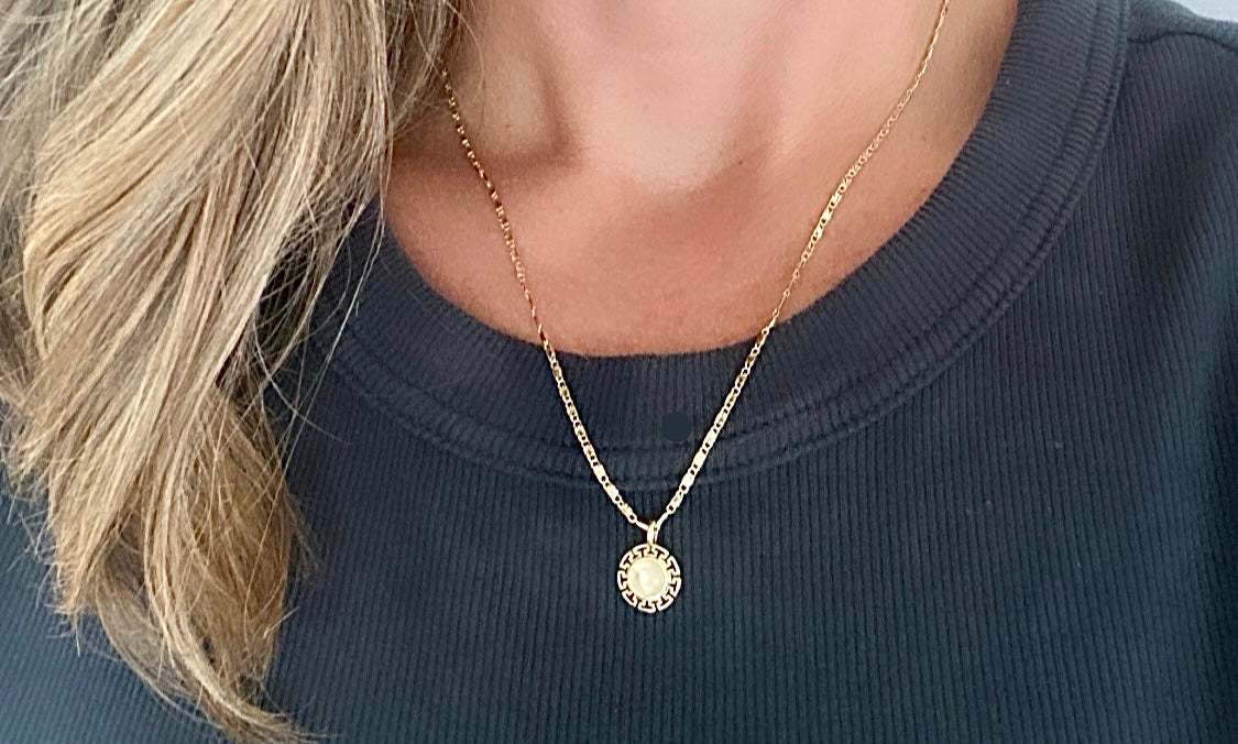 Dainty Moonstone Greek Key Medallion Necklace - Gold Filled