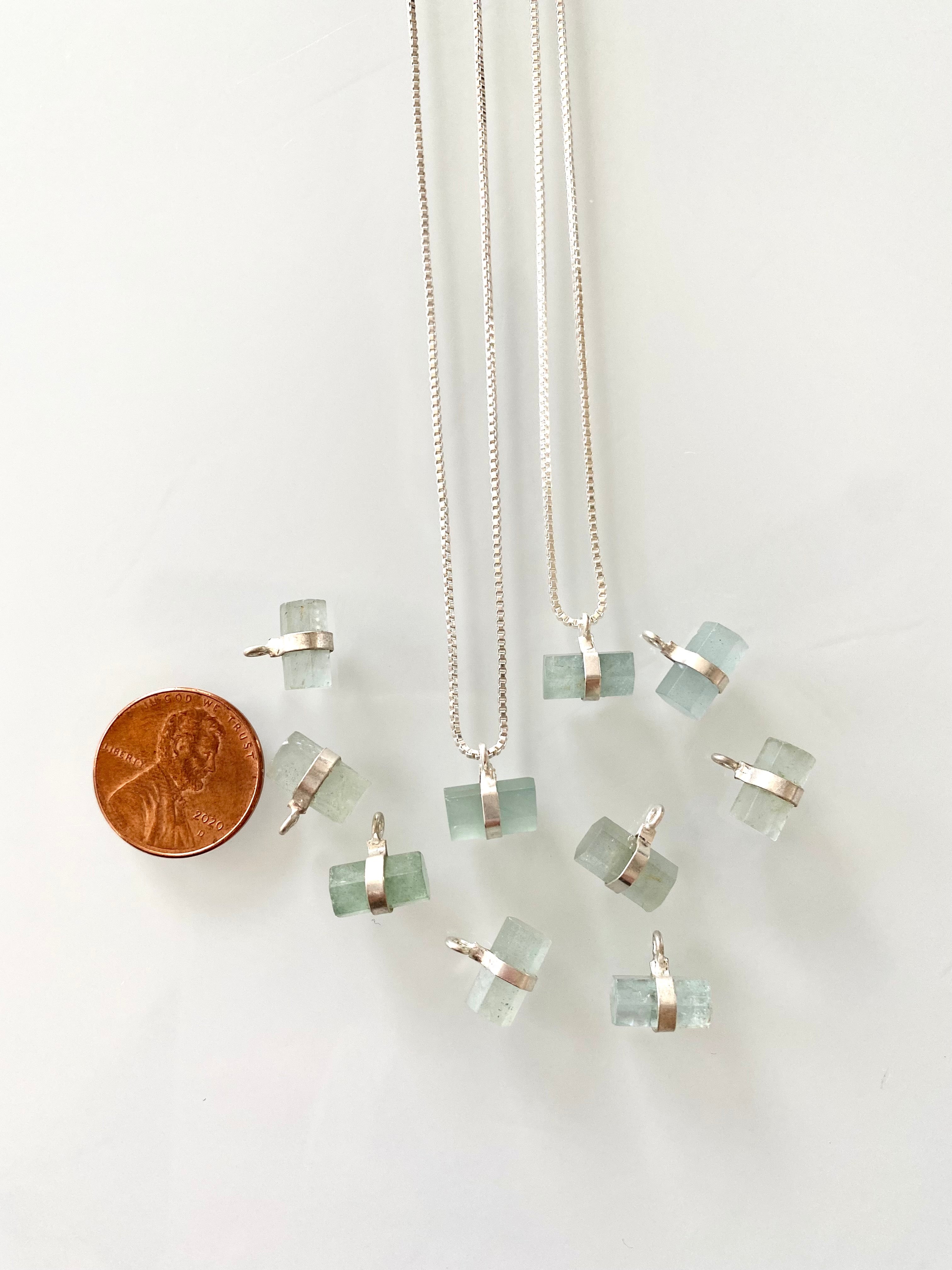Dainty Aquamarine Pendant Hexagon Bar Charm - Sterling Silver Box Chain - March Birthstone