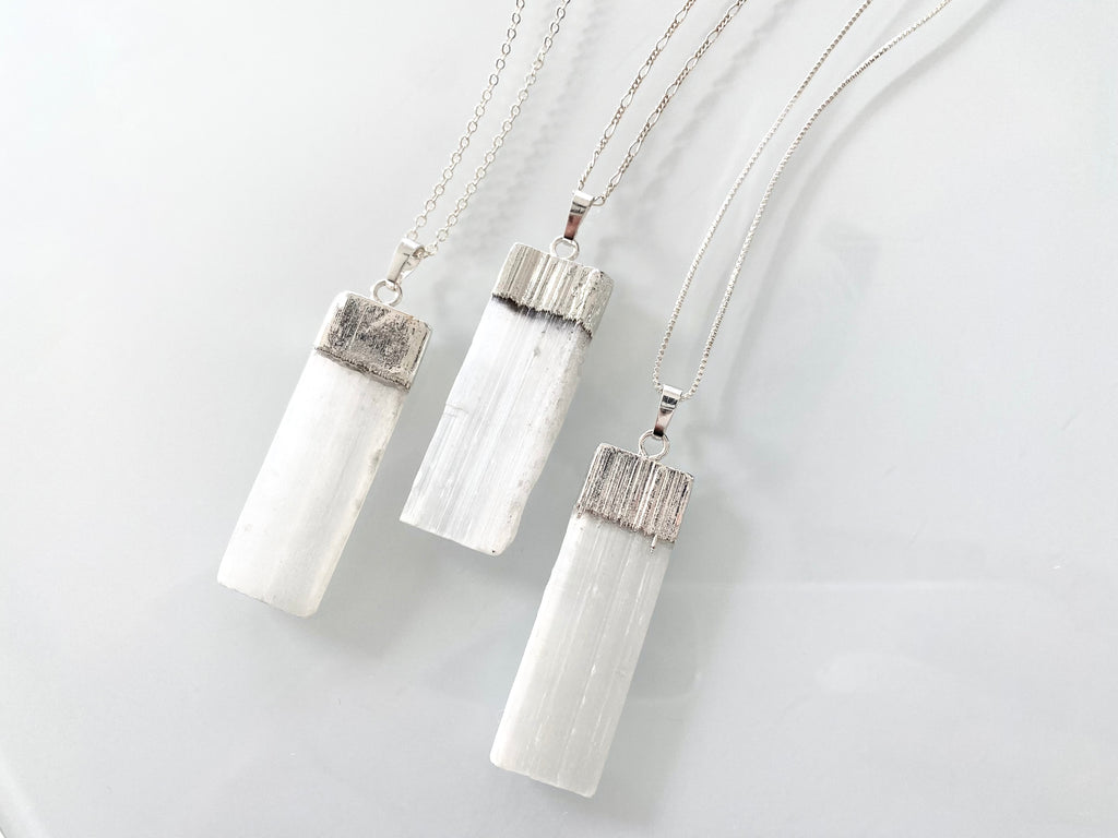 Raw Selenite Bar Pendant Necklace - Sterling Silver Chain