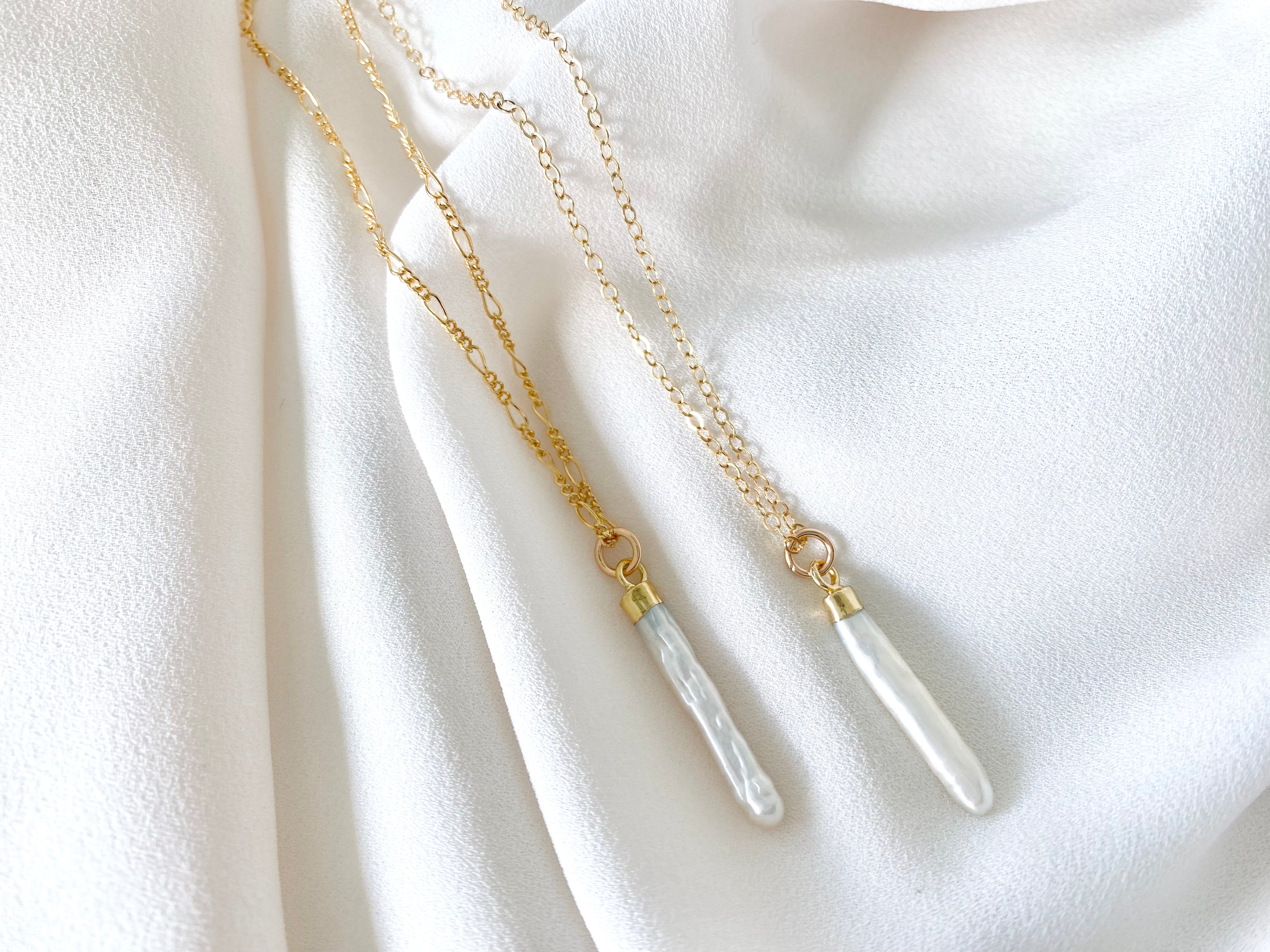 Biwa Stick Pearl Pendant Necklace - Gold Filled Chain - June