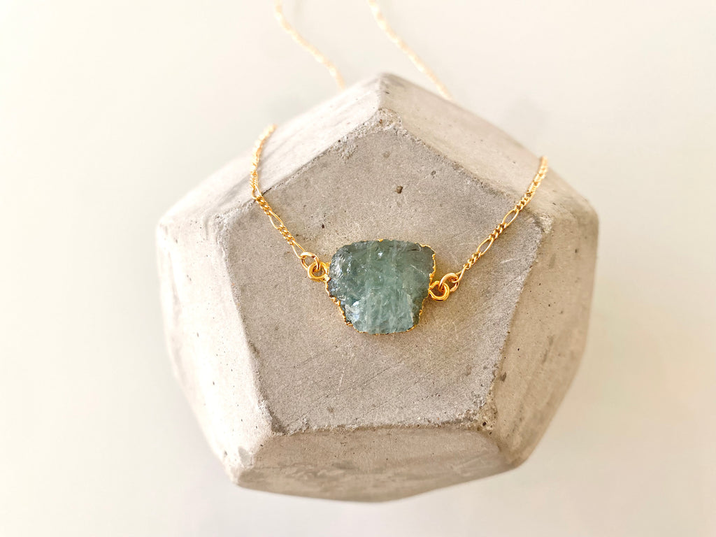 Raw Aquamarine Pendant Necklace - Gold Filled Chain - March Birthstone