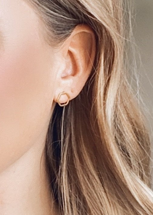 Gold Hexagon Post Earrings