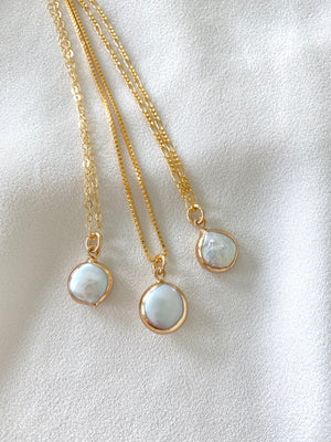 Dainty Small Pearl Coin Medallion Pendant Necklace - June Birthstone