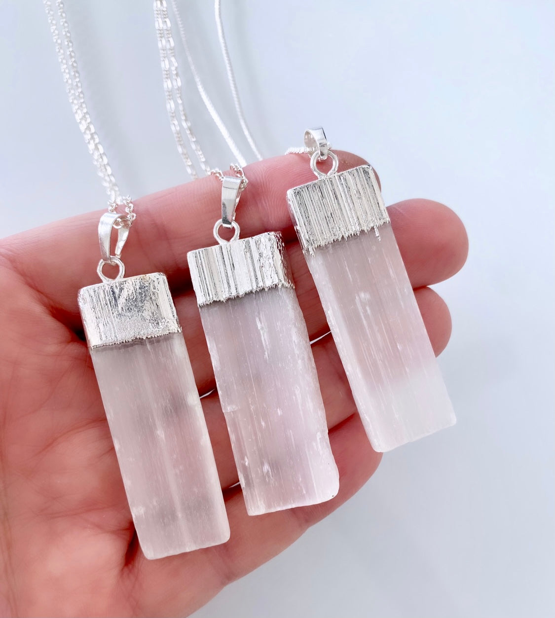 Raw Selenite Bar Pendant Necklace - Sterling Silver Chain