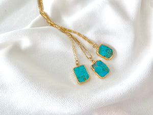 Rectangle Turquoise Pendant Necklace - Gold Filled Figaro Chain - Box Chain - December Birthstone