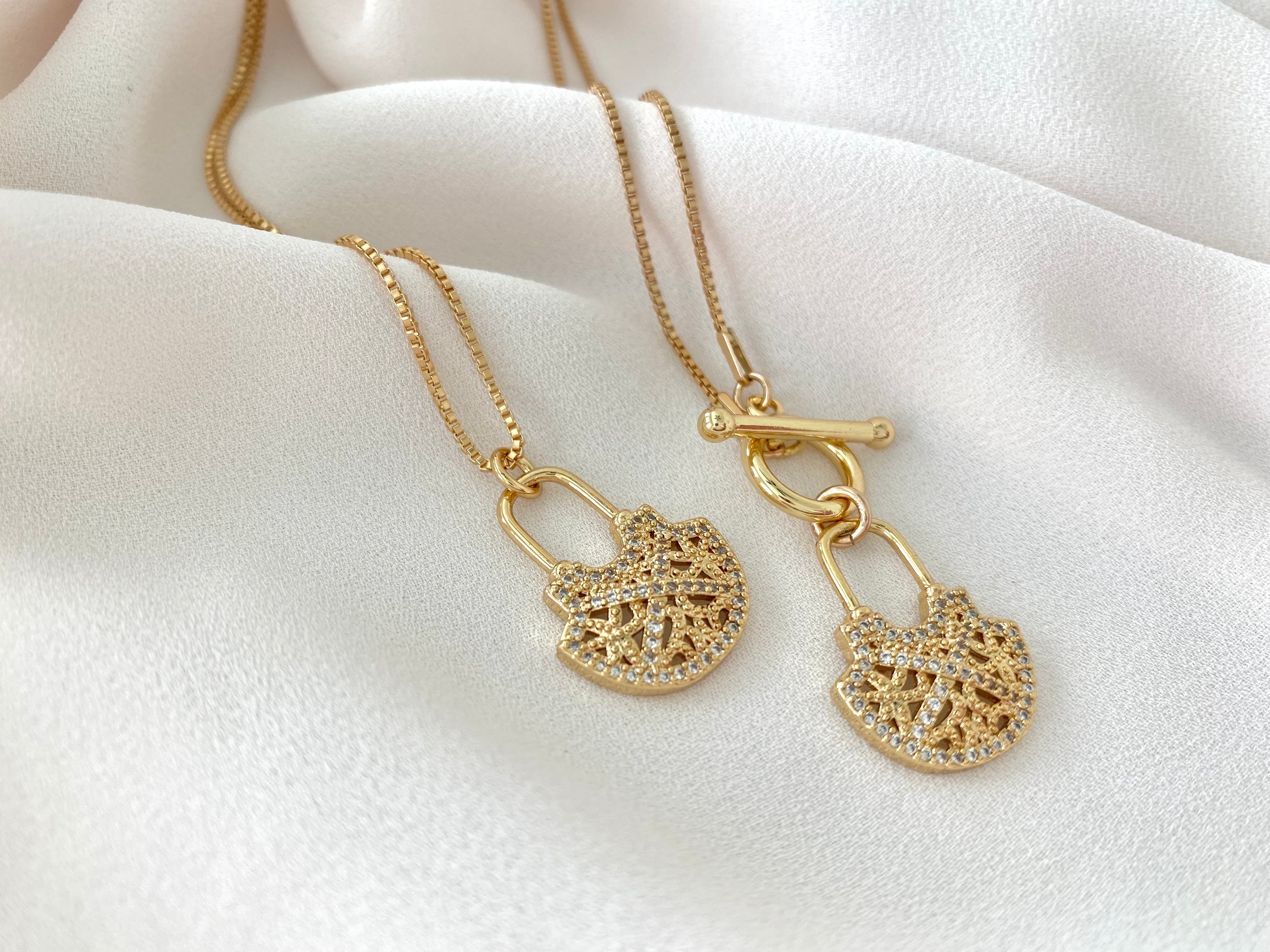 Gold Filled Pave Locket Toggle Necklace - Box Chain