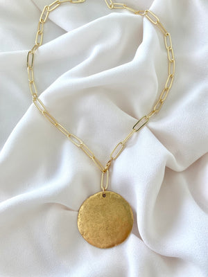 Gold Lariat Medallion Necklace - Gold Filled Paperclip Chain - Y Necklace