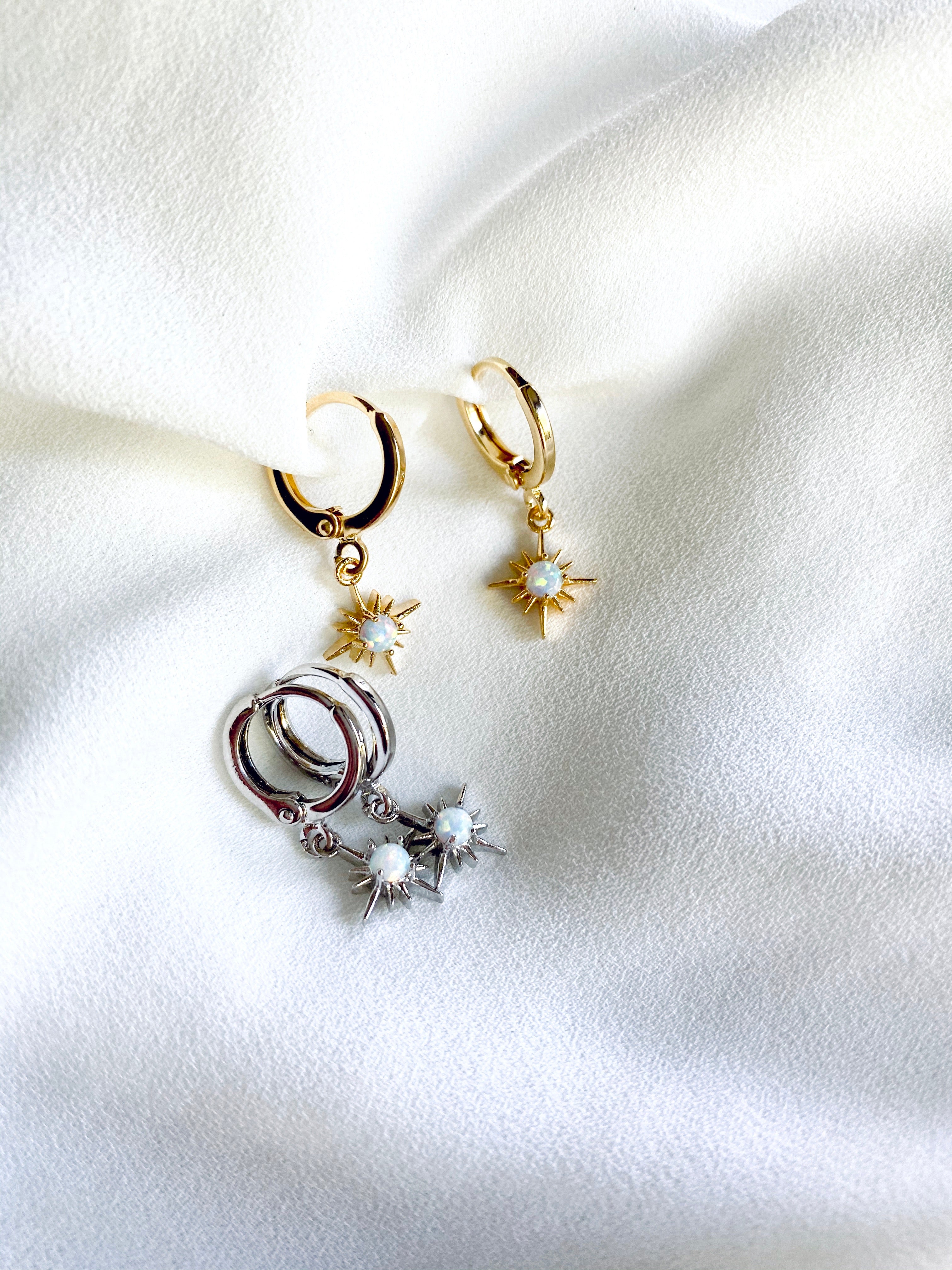 Dainty Opal Star Gemstone Huggie Earrings / Silver or Gold - October Birthstone