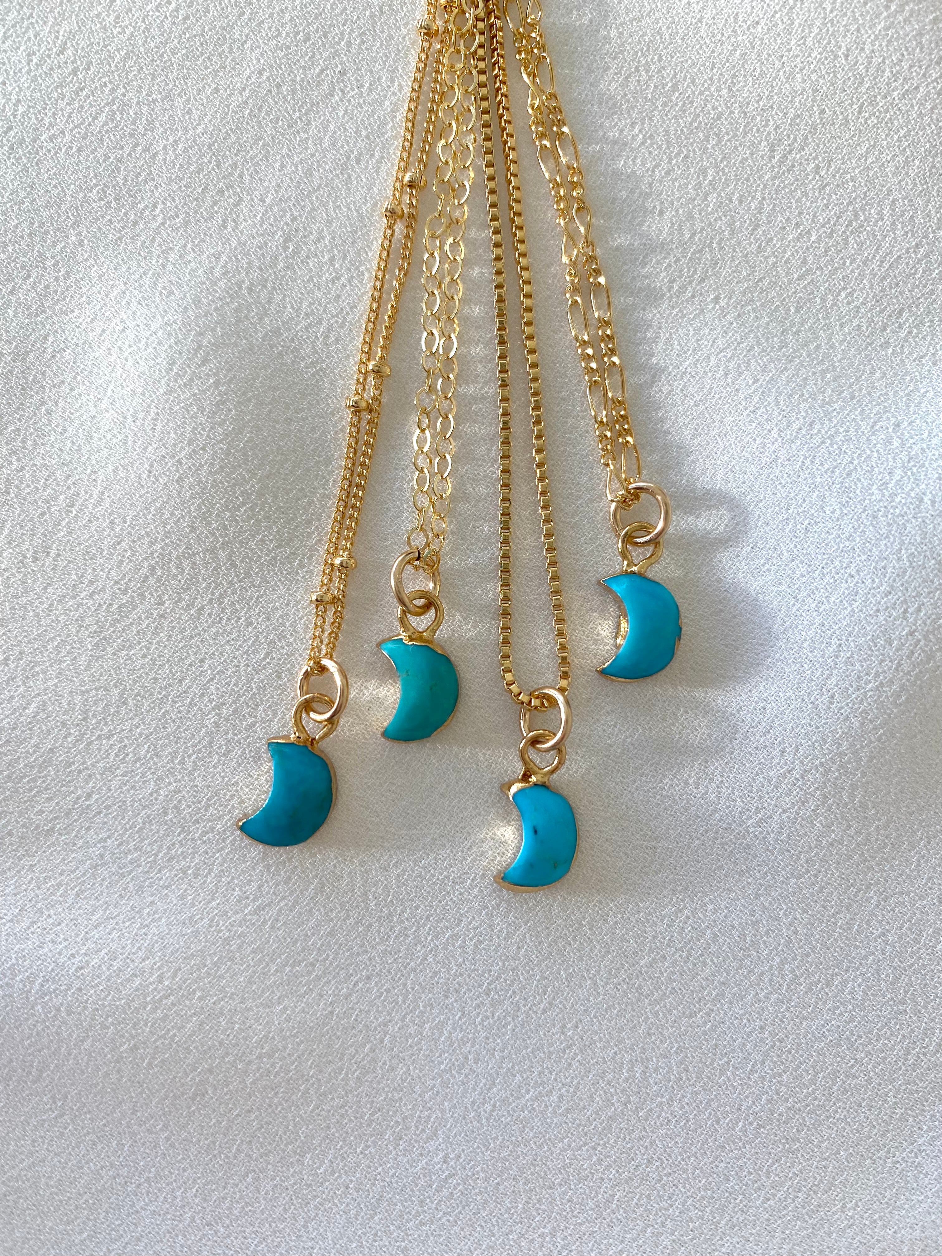 Tiny Raw Turquoise Crescent Moon Pendant Necklace - December Birthstone - Gold Chain