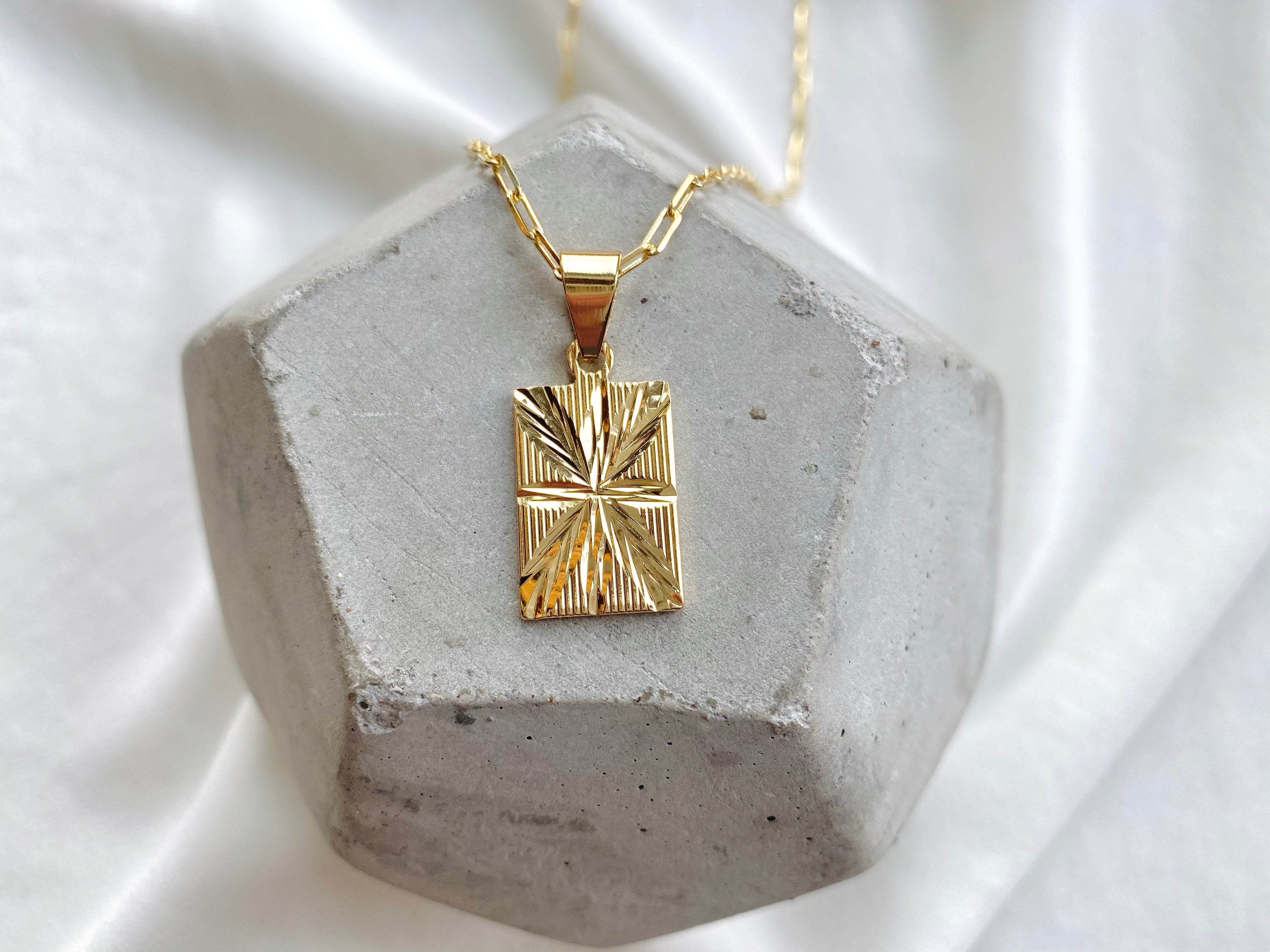 Gold Filled Etched Rectangle Medallion Necklace